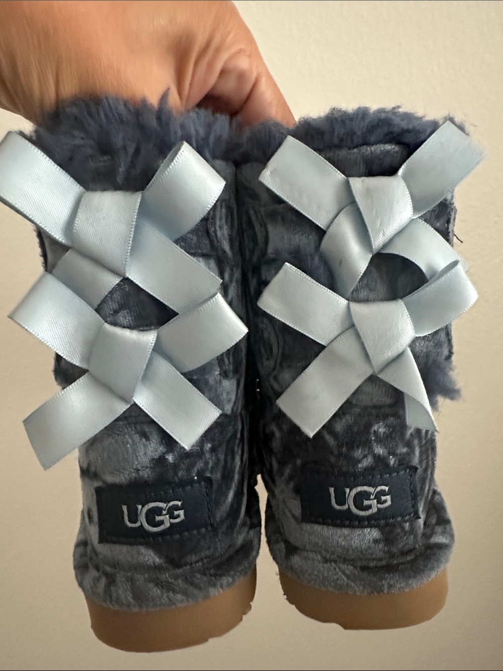 UGG Kids Navy Gray Faux-Fur Boot with Light Blue Satin Bows